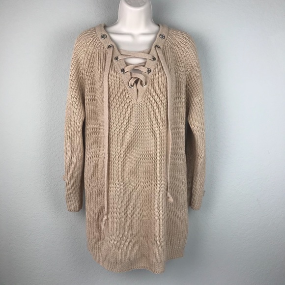 Military Hippie Sweaters - Military Hippie Lace Up Tan Oversized Sweater